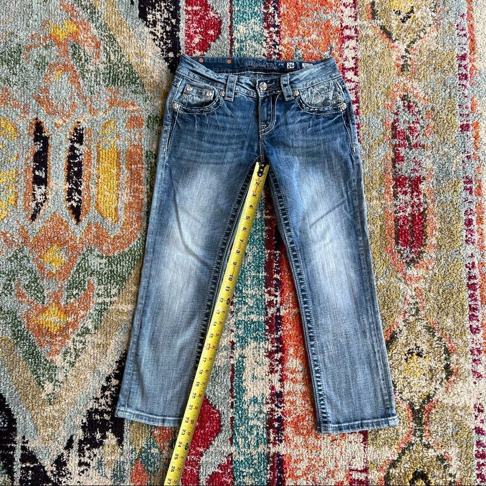 Miss Me Signature Cropped jeans geometric embroidered pockets rhinestones Y2K - Picture 14 of 15